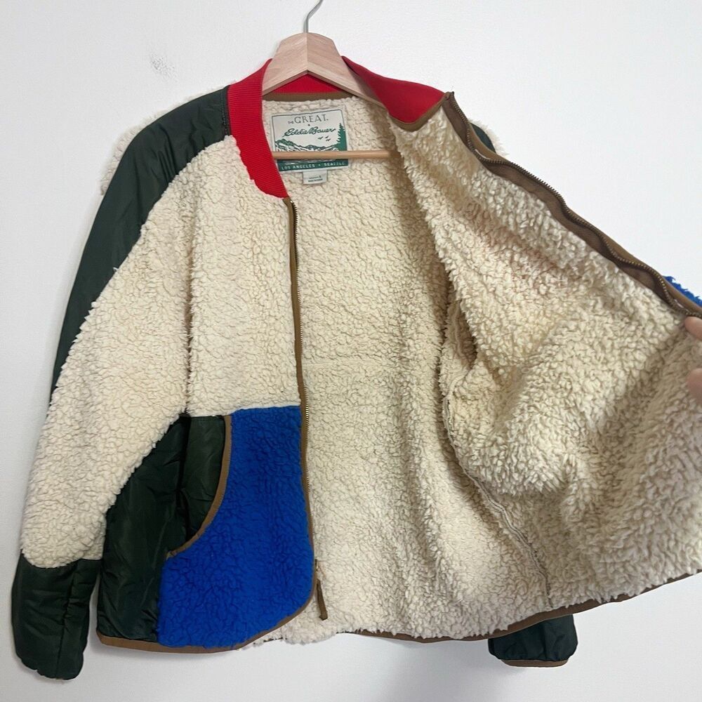 THE GREAT x Eddie Bauer Colorblock Sherpa Fleece Jacket Women’s L Zip Up Outdoor - Picture 6 of 9
